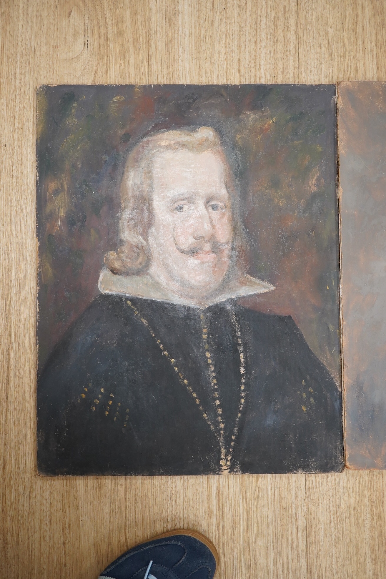 Ernest Waldron West (1904-1994), three oils on board/cardboard, Portraits of historical figures comprising Pope Innocent X, Velazquez and Philip IV of Spain, one signed, each 46 x 36cm, unframed. Condition - fair